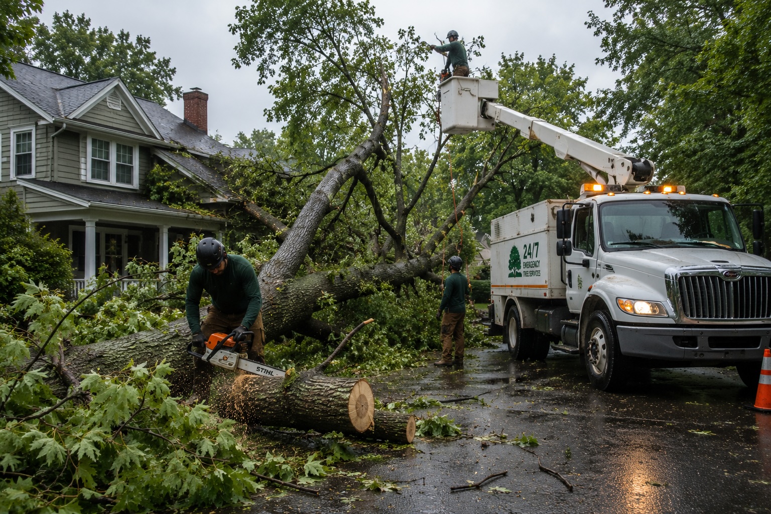 NoVA Tree Trimming crew clearing storm-damaged tree from residential street