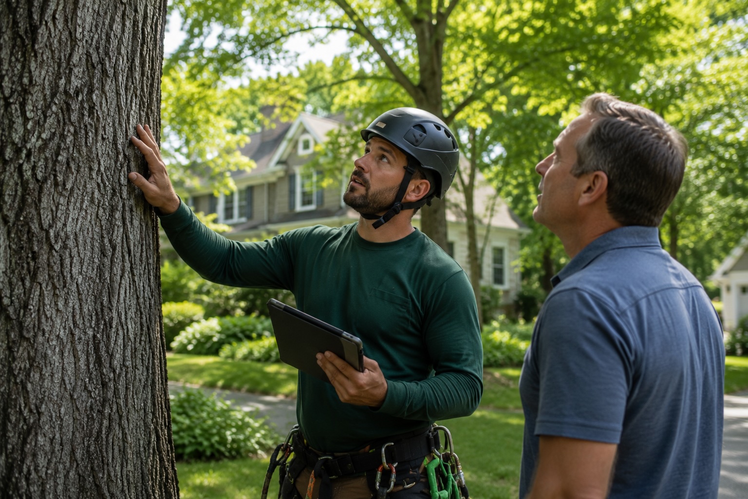 ISA-certified arborist conducting tree health inspection with Northern Virginia homeowner
