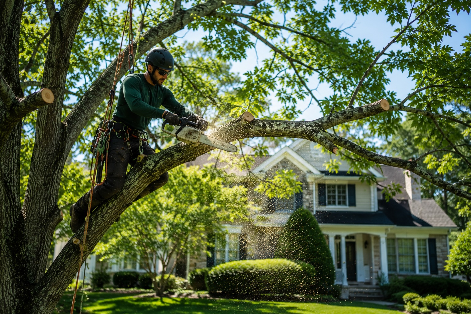 Arborist pruning tree canopy at a Northern Virginia home