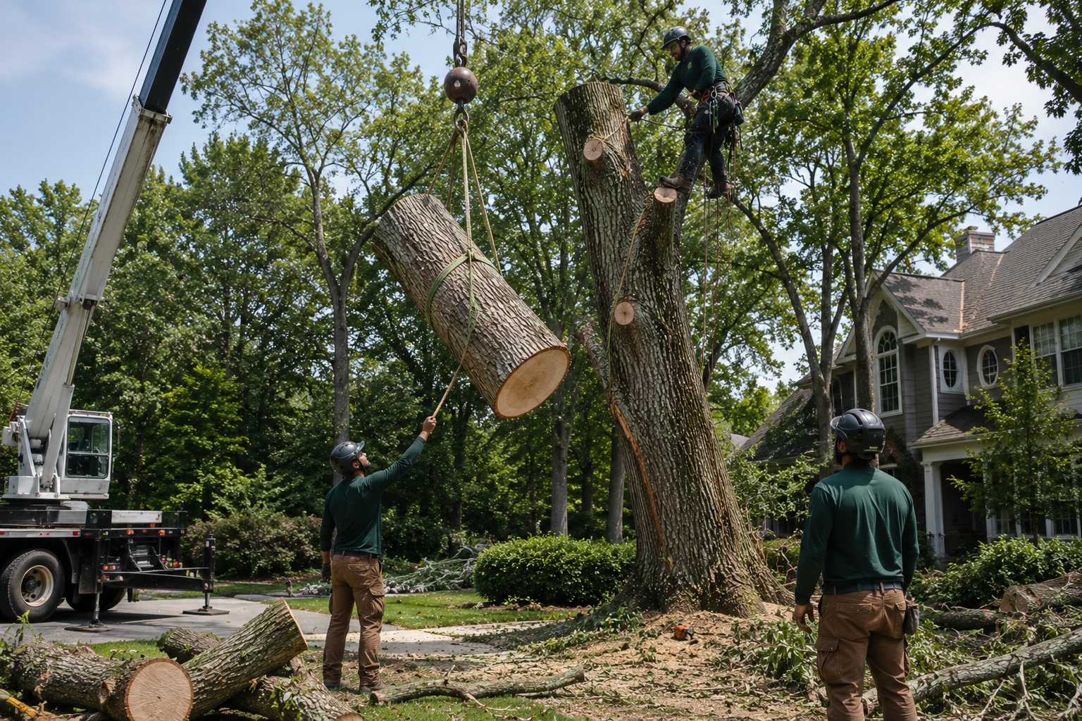 NoVA Tree Trimming crew removing a large oak with crane in Northern Virginia