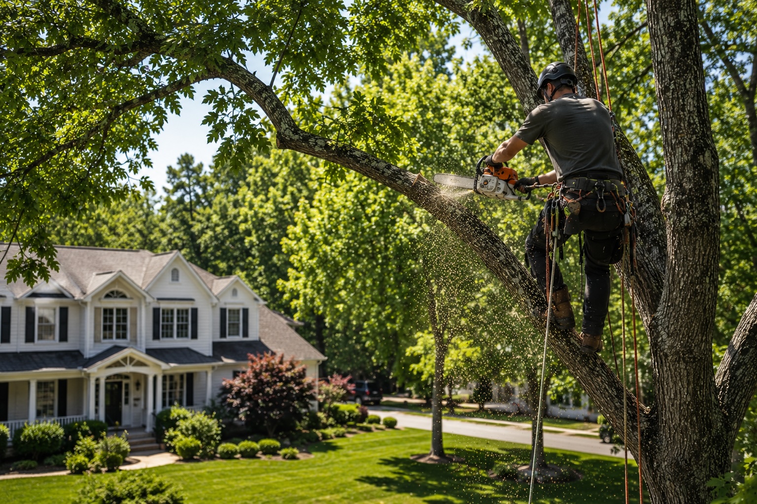 Certified arborist trimming a large tree at a Northern Virginia home